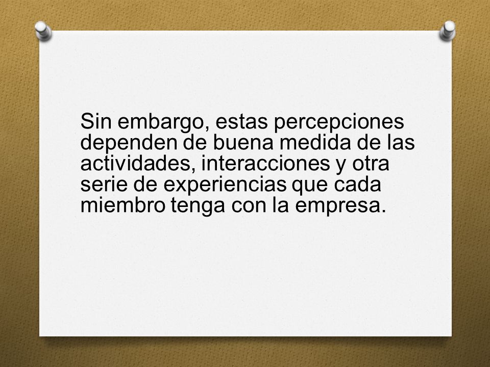 Sin embargo, estas percepciones dependen de buena medida de las actividades, interacciones y otra serie de experiencias que cada miembro tenga con la empresa.