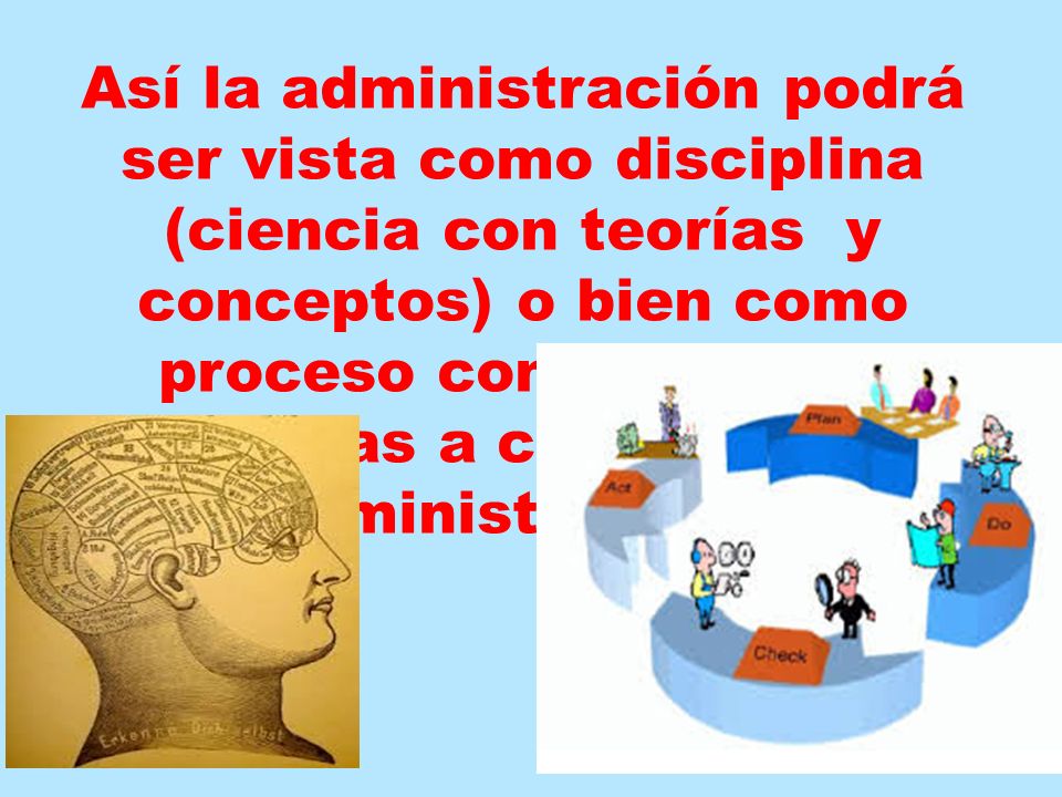 Así la administración podrá ser vista como disciplina (ciencia con teorías y conceptos) o bien como proceso con funciones llevadas a cabo por los Administradores
