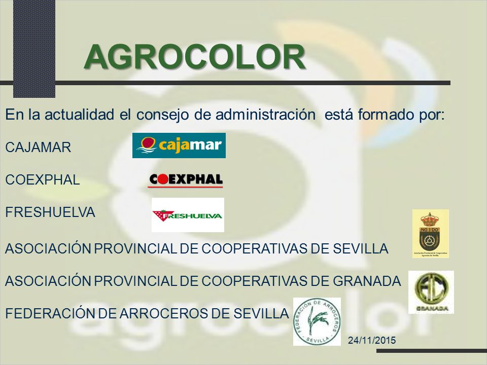 AGROCOLOR En la actualidad el consejo de administración está formado por: CAJAMAR. COEXPHAL. FRESHUELVA.