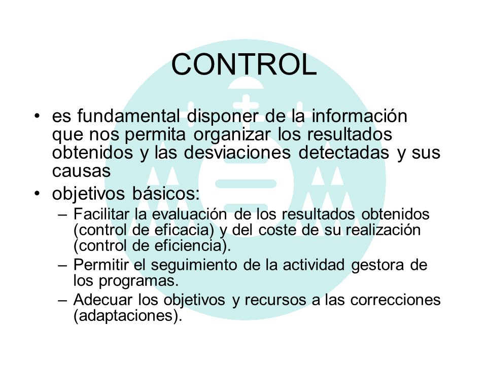 CONTROL es fundamental disponer de la información que nos permita organizar los resultados obtenidos y las desviaciones detectadas y sus causas.