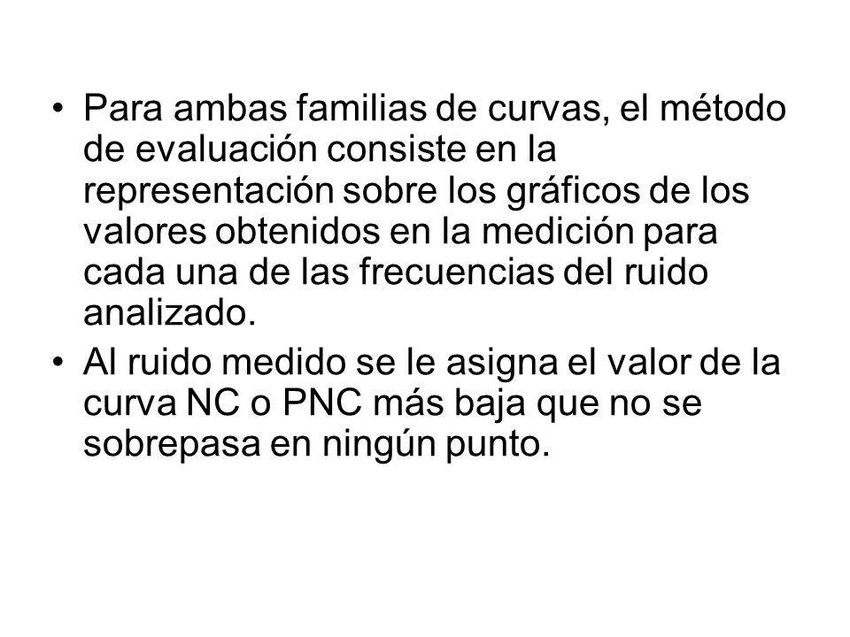 Para ambas familias de curvas, el método de evaluación consiste en la representación sobre los gráficos de los valores obtenidos en la medición para cada una de las frecuencias del ruido analizado.