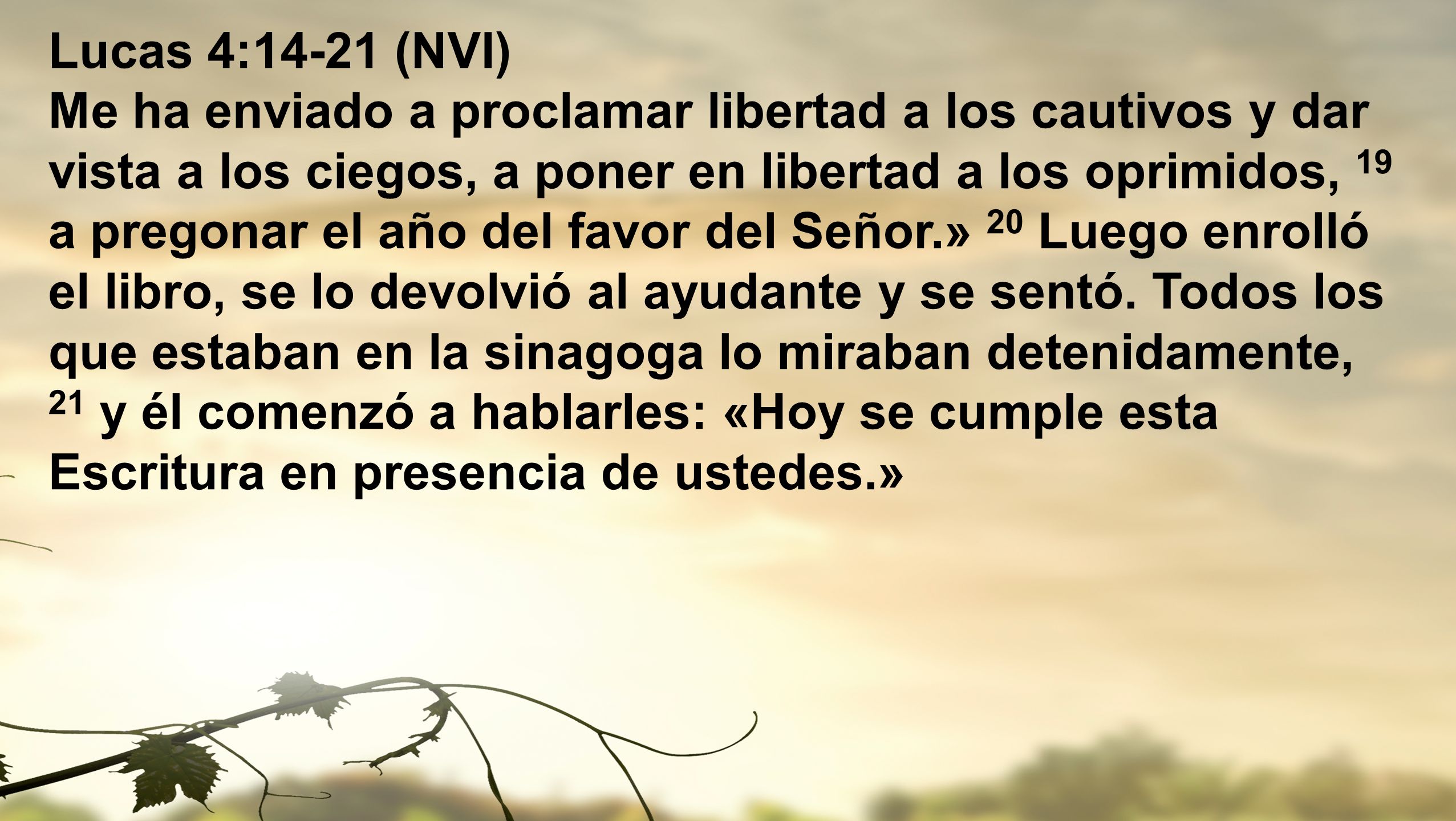 Lucas 4:14-21 (NVI) Me ha enviado a proclamar libertad a los cautivos y dar vista a los ciegos, a poner en libertad a los oprimidos, 19 a pregonar el año del favor del Señor.» 20 Luego enrolló el libro, se lo devolvió al ayudante y se sentó.