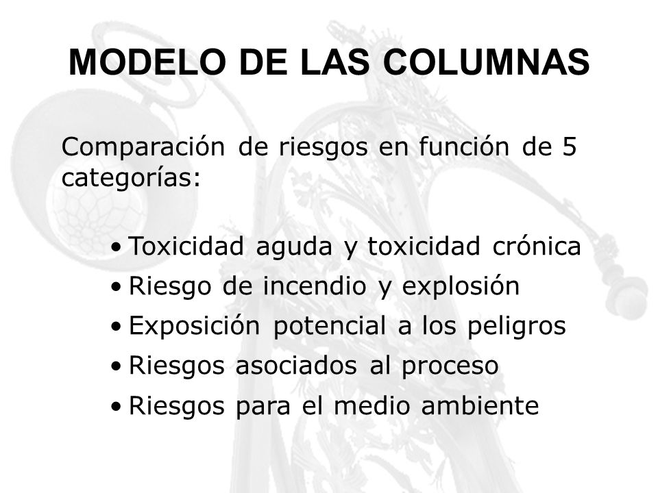 MODELO DE LAS COLUMNAS Comparación de riesgos en función de 5 categorías: Toxicidad aguda y toxicidad crónica.