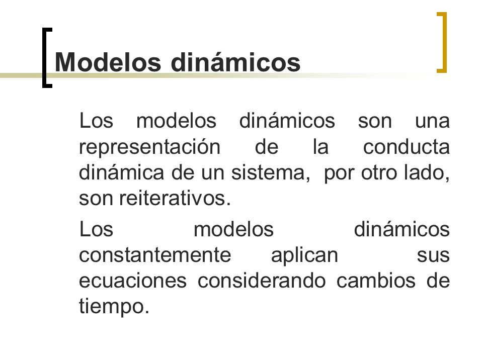 Modelos dinámicos Los modelos dinámicos son una representación de la conducta dinámica de un sistema, por otro lado, son reiterativos.
