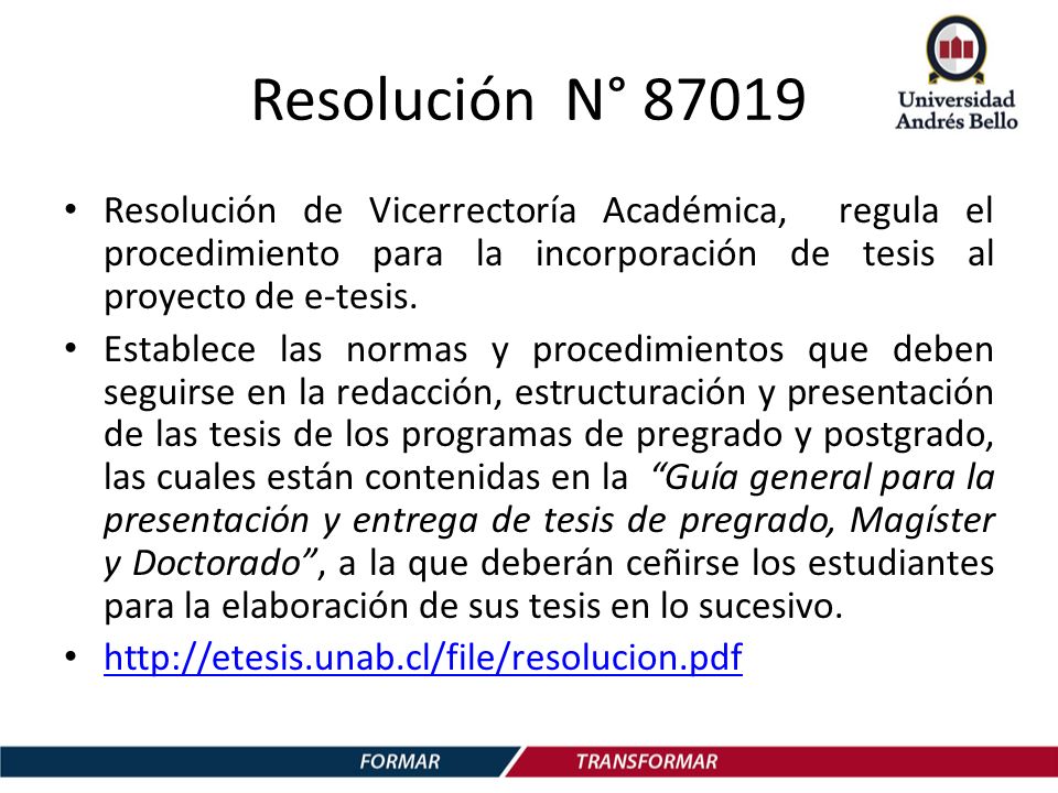 Resolución N° Resolución de Vicerrectoría Académica, regula el procedimiento para la incorporación de tesis al proyecto de e-tesis.