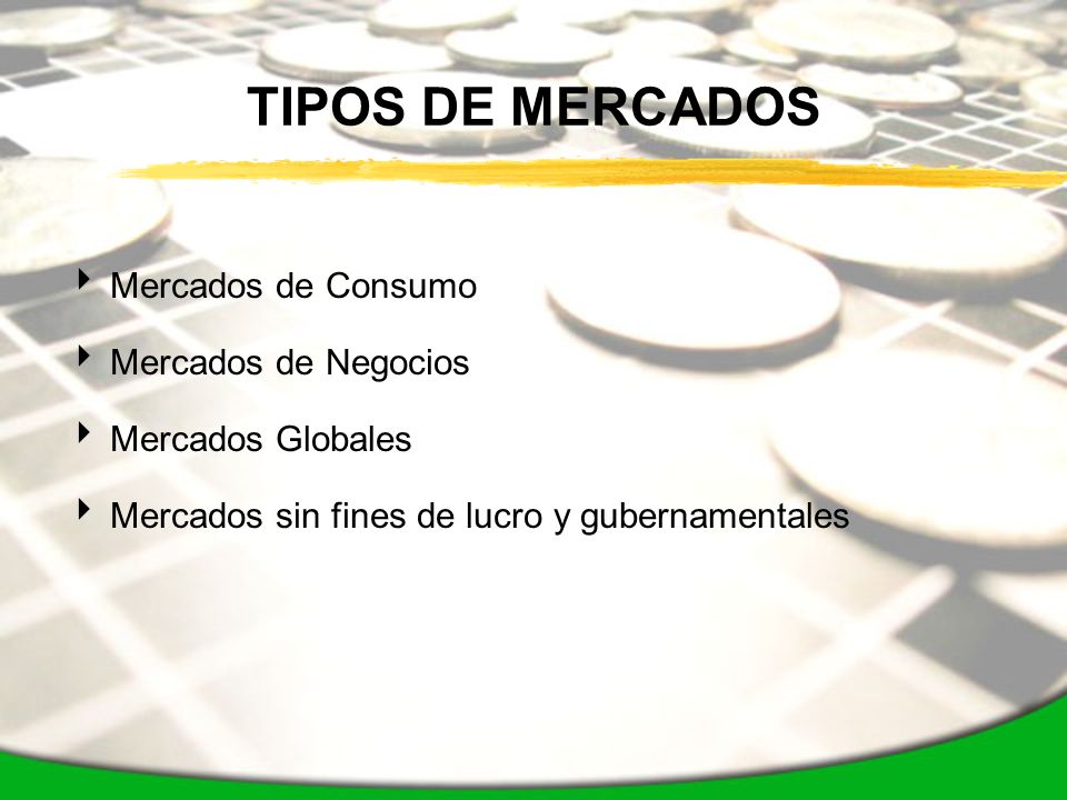 TIPOS DE MERCADOS Mercados de Consumo Mercados de Negocios