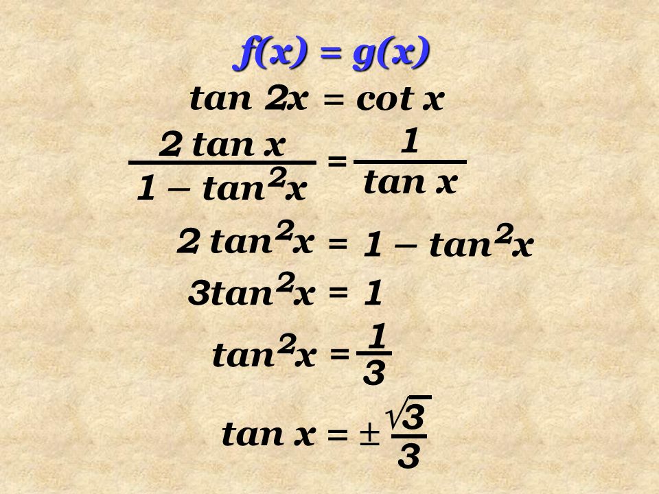 f(x) = g(x) tan 2x. = cot x. 2 tan x. 1 – tan2x. tan x. 1. = 2 tan2x. = 1 – tan2x. 3tan2x = 1.