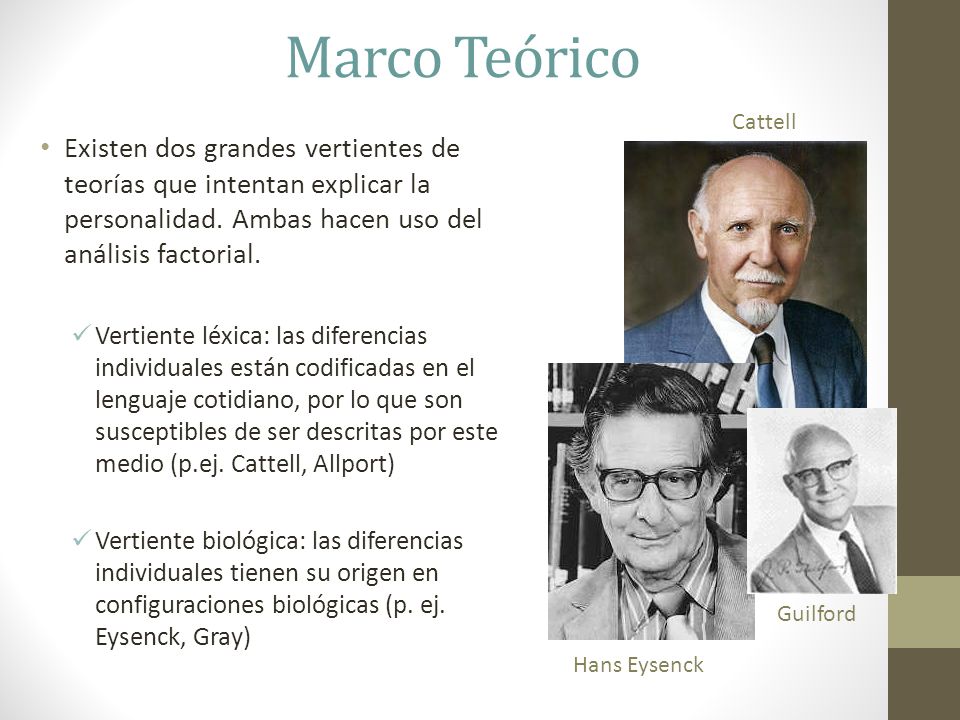 Marco Teórico Cattell. Existen dos grandes vertientes de teorías que intentan explicar la personalidad. Ambas hacen uso del análisis factorial.