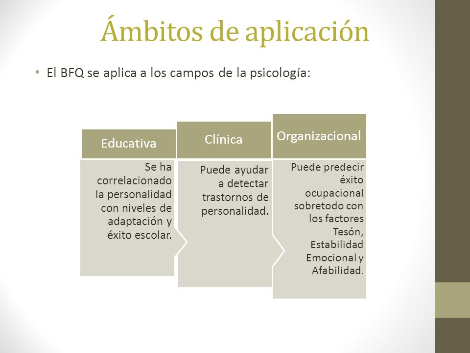 Ámbitos de aplicación El BFQ se aplica a los campos de la psicología:
