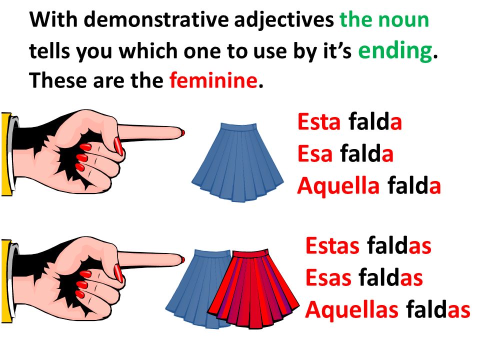 Esta falda Esa falda Aquella falda Estas faldas Esas faldas