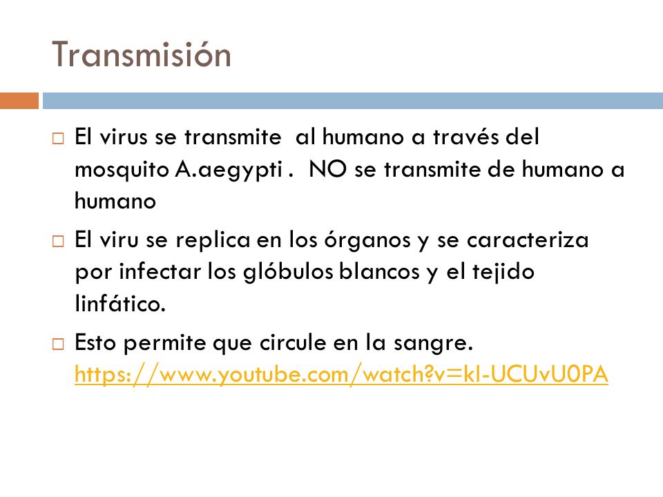 Transmisión El virus se transmite al humano a través del mosquito A.aegypti . NO se transmite de humano a humano.
