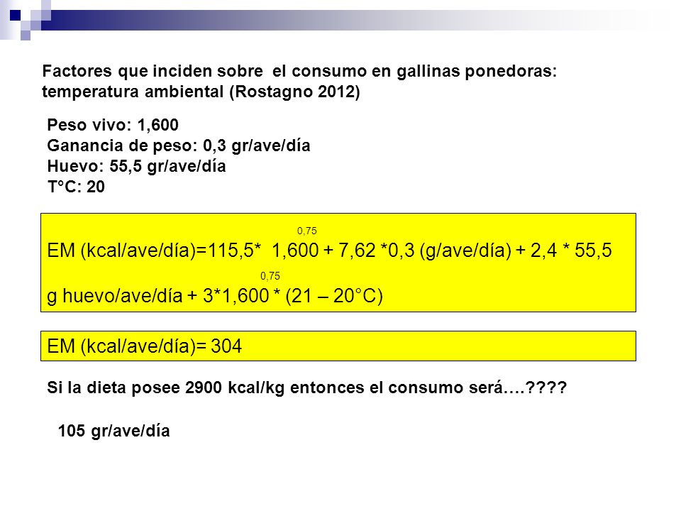 EM (kcal/ave/día)=115,5* 1, ,62 *0,3 (g/ave/día) + 2,4 * 55,5