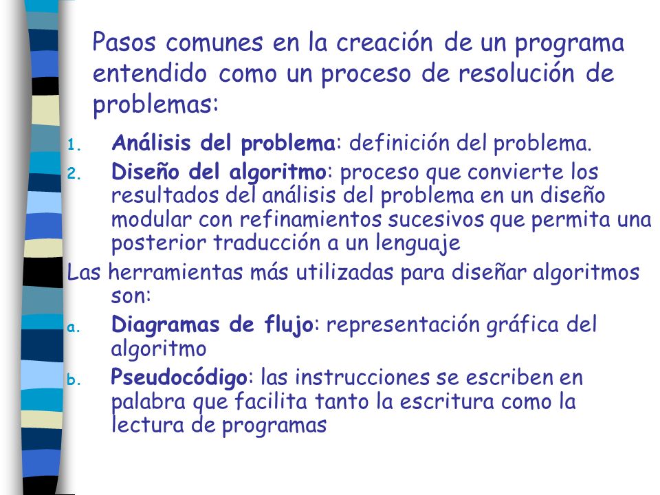Pasos comunes en la creación de un programa entendido como un proceso de resolución de problemas: