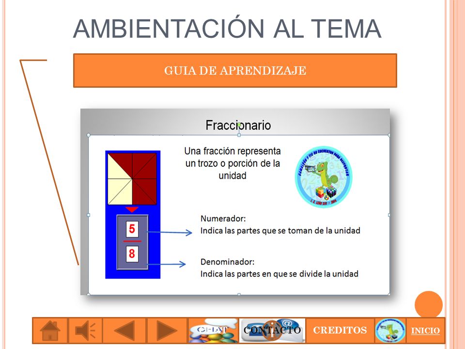 AMBIENTACIÓN AL TEMA GUIA DE APRENDIZAJE CONTACTO CREDITOS CHAT INICIO