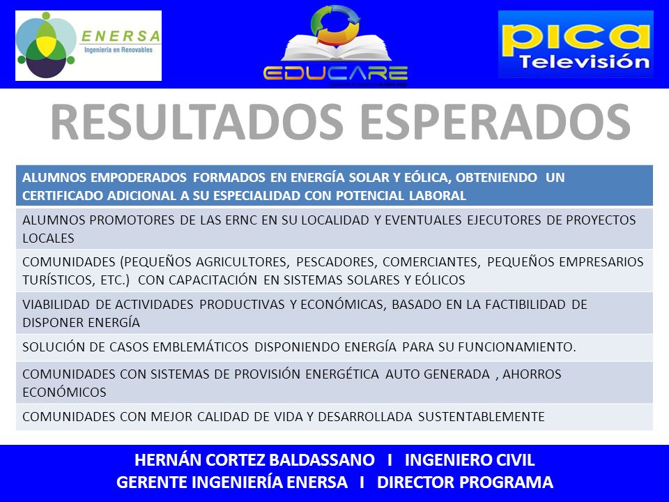 RESULTADOS ESPERADOS HERNÁN CORTEZ BALDASSANO I INGENIERO CIVIL