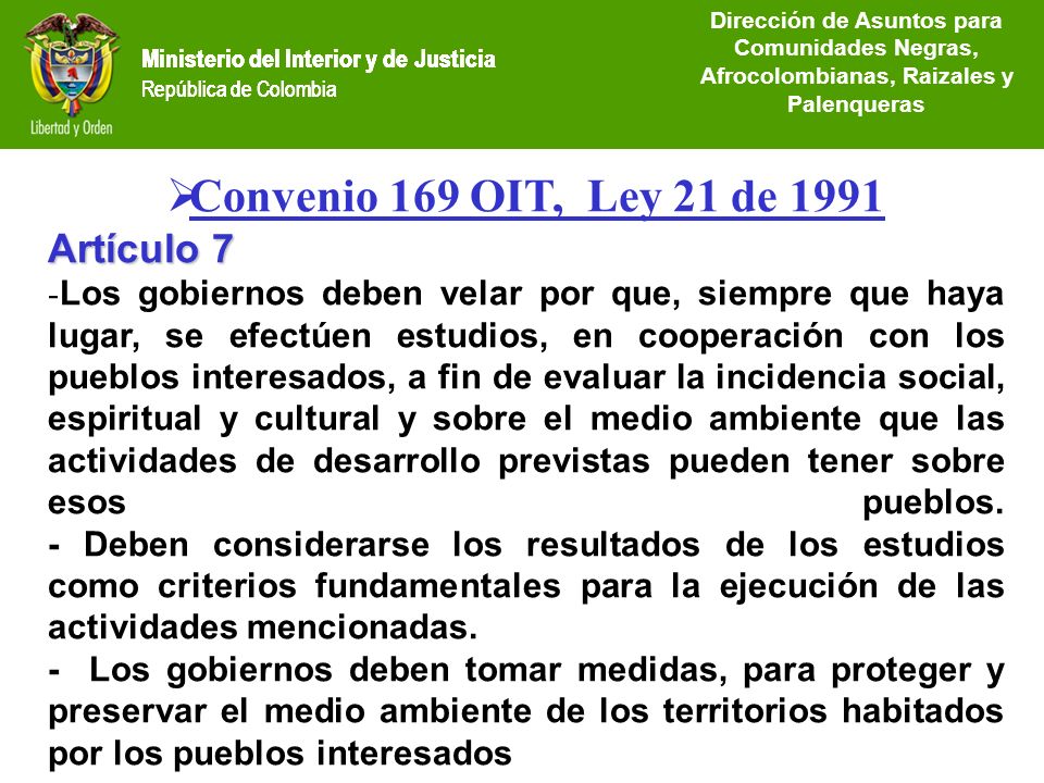 Convenio 169 OIT, Ley 21 de 1991 Artículo 7