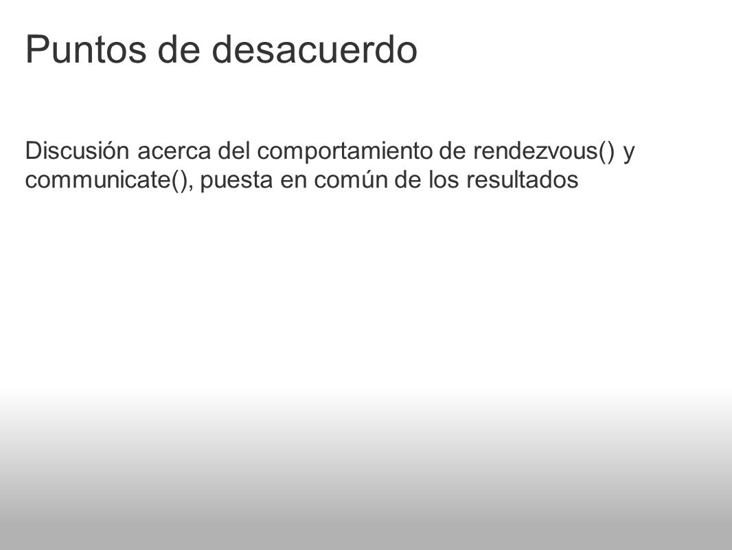 Puntos de desacuerdo Discusión acerca del comportamiento de rendezvous() y communicate(), puesta en común de los resultados.