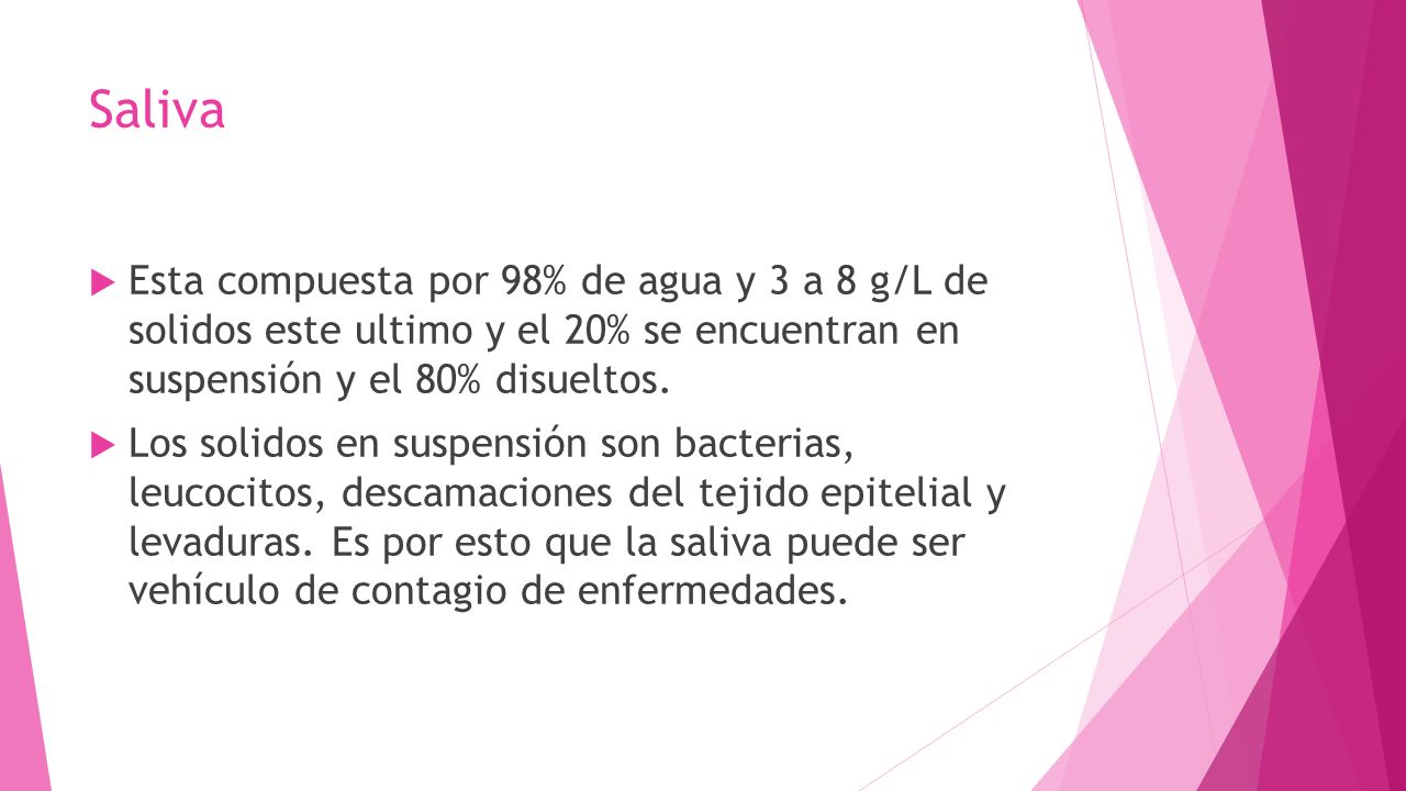 Saliva Esta compuesta por 98% de agua y 3 a 8 g/L de solidos este ultimo y el 20% se encuentran en suspensión y el 80% disueltos.