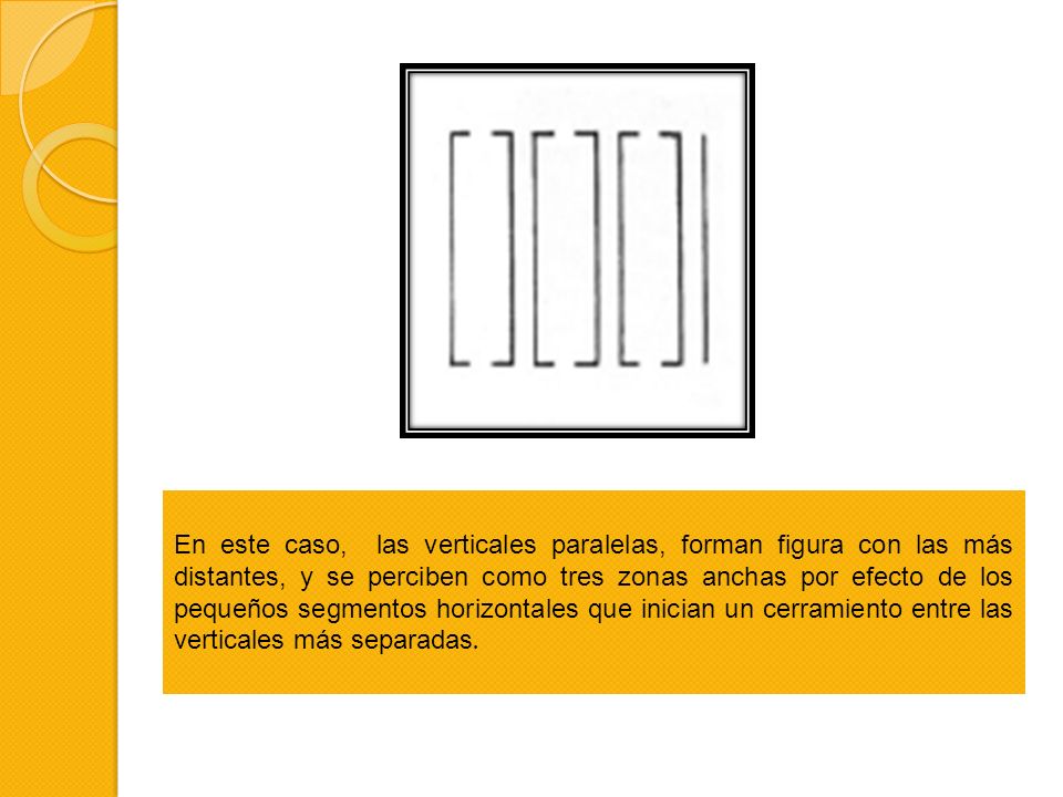 En este caso, las verticales paralelas, forman figura con las más distantes, y se perciben como tres zonas anchas por efecto de los pequeños segmentos horizontales que inician un cerramiento entre las verticales más separadas.
