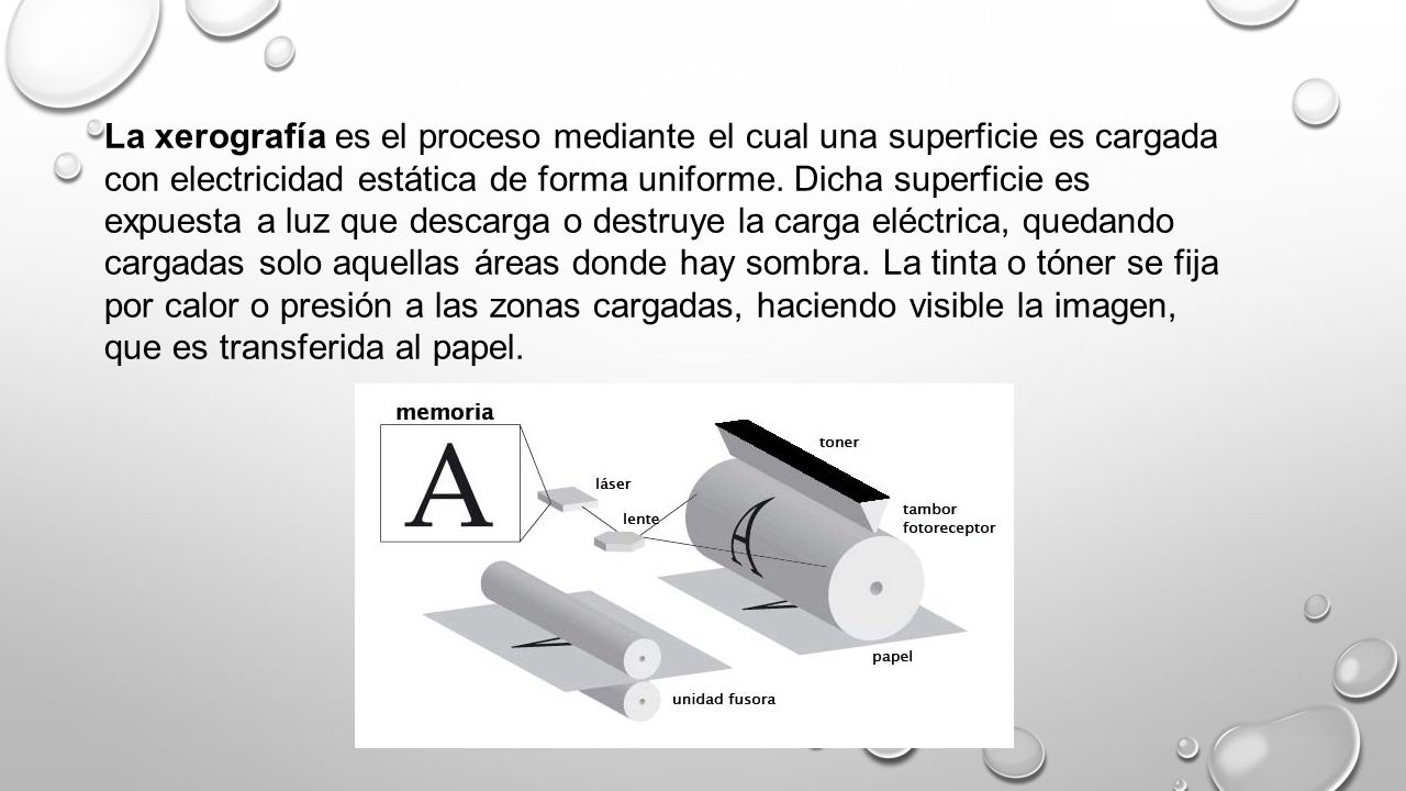 La xerografía es el proceso mediante el cual una superficie es cargada con electricidad estática de forma uniforme.