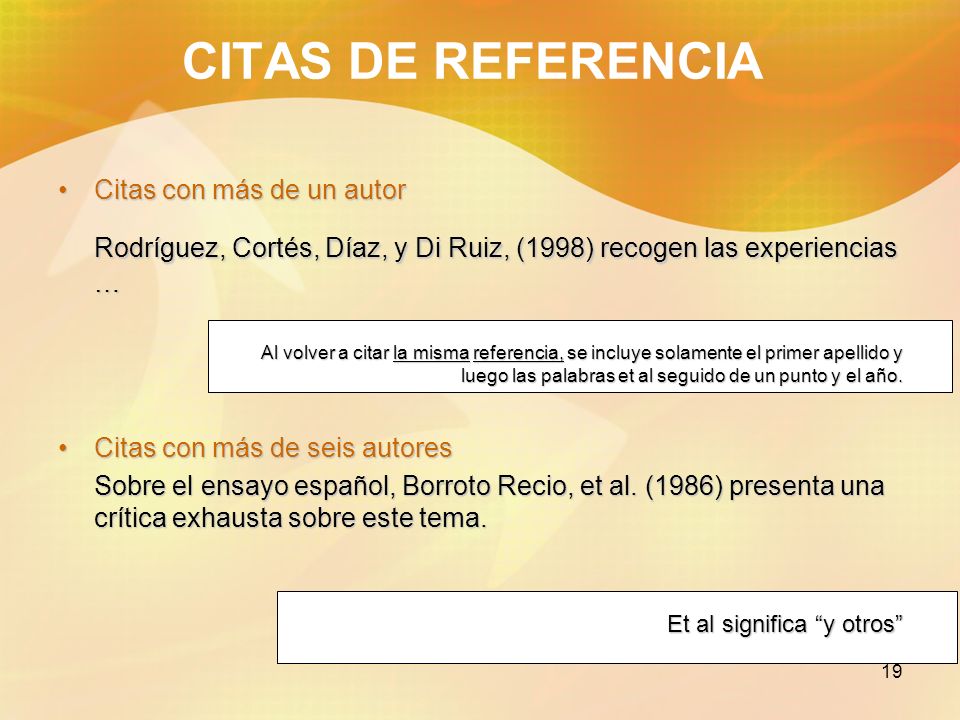 CITAS DE REFERENCIA Citas con más de un autor. Rodríguez, Cortés, Díaz, y Di Ruiz, (1998) recogen las experiencias …