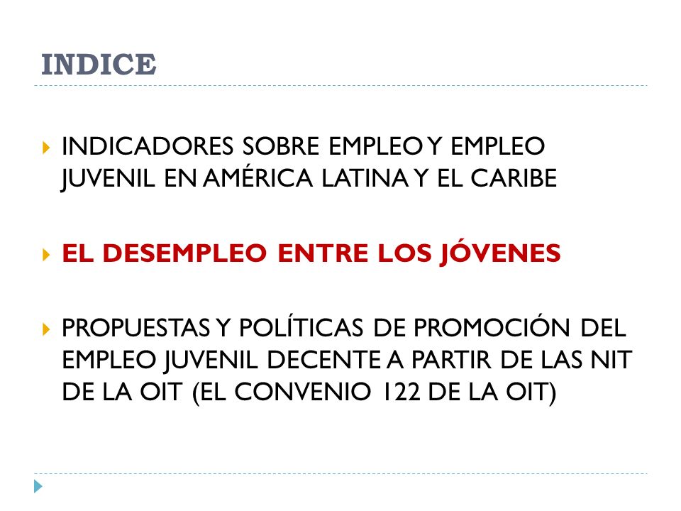 INDICE INDICADORES SOBRE EMPLEO Y EMPLEO JUVENIL EN AMÉRICA LATINA Y EL CARIBE. EL DESEMPLEO ENTRE LOS JÓVENES.