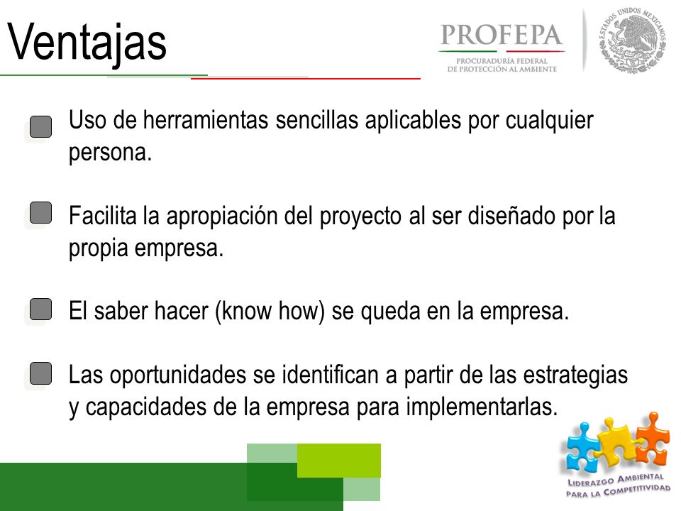 Ventajas Uso de herramientas sencillas aplicables por cualquier persona. Facilita la apropiación del proyecto al ser diseñado por la propia empresa.