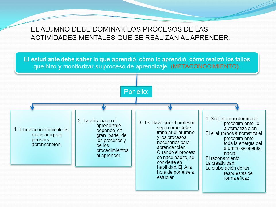 EL ALUMNO DEBE DOMINAR LOS PROCESOS DE LAS ACTIVIDADES MENTALES QUE SE REALIZAN AL APRENDER.