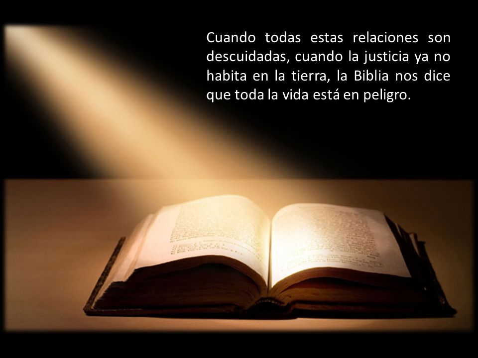 Cuando todas estas relaciones son descuidadas, cuando la justicia ya no habita en la tierra, la Biblia nos dice que toda la vida está en peligro.