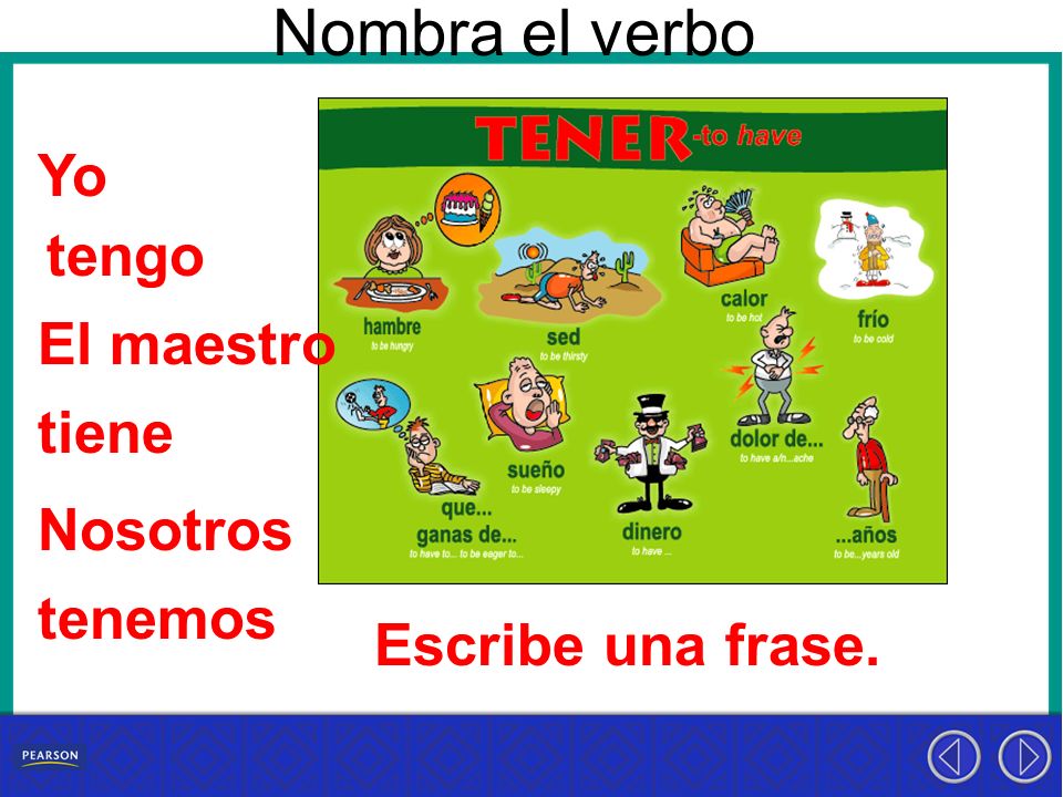 Nombra el verbo Yo tengo El maestro tiene Nosotros tenemos