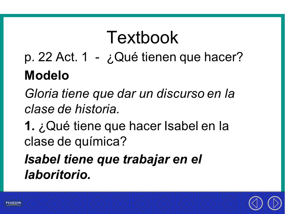 Textbook p. 22 Act. 1 - ¿Qué tienen que hacer Modelo Gloria tiene que dar un discurso en la clase de historia.