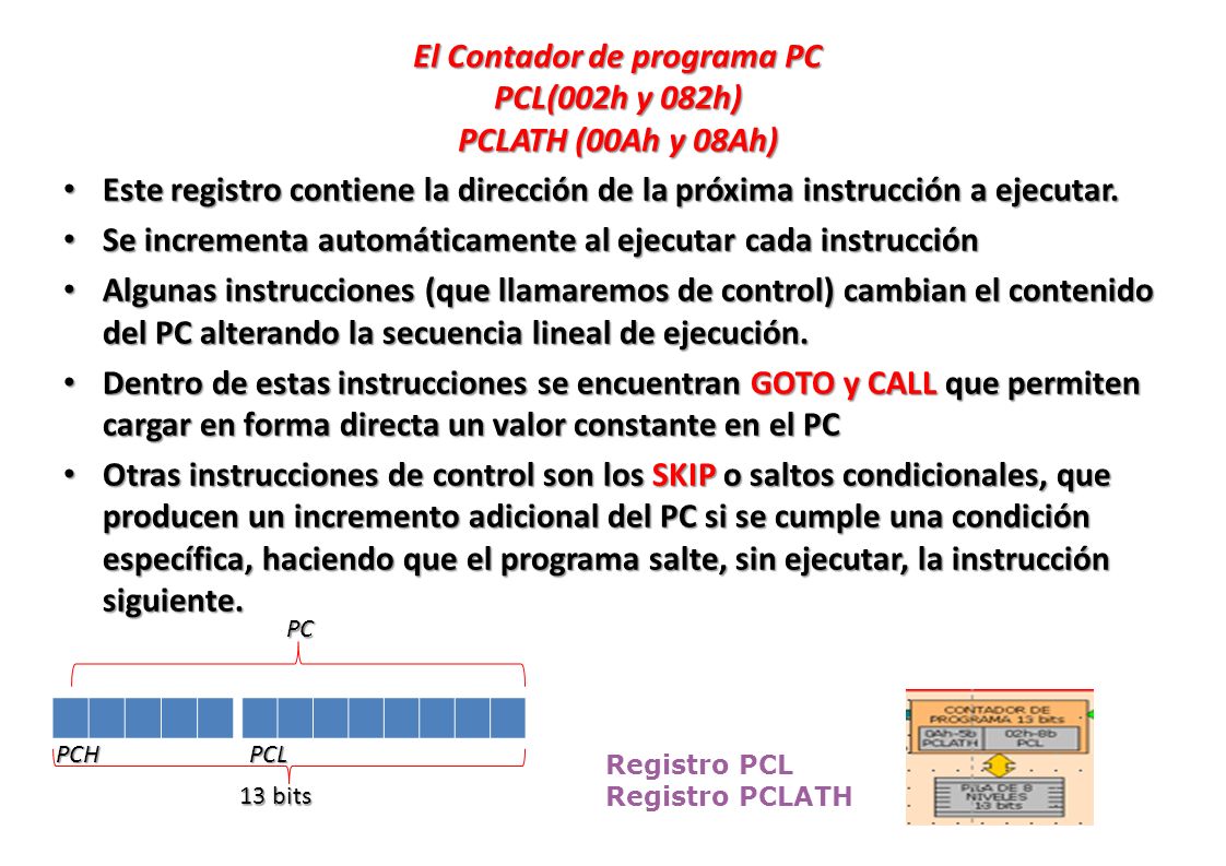 El Contador de programa PC PCL(002h y 082h) PCLATH (00Ah y 08Ah)