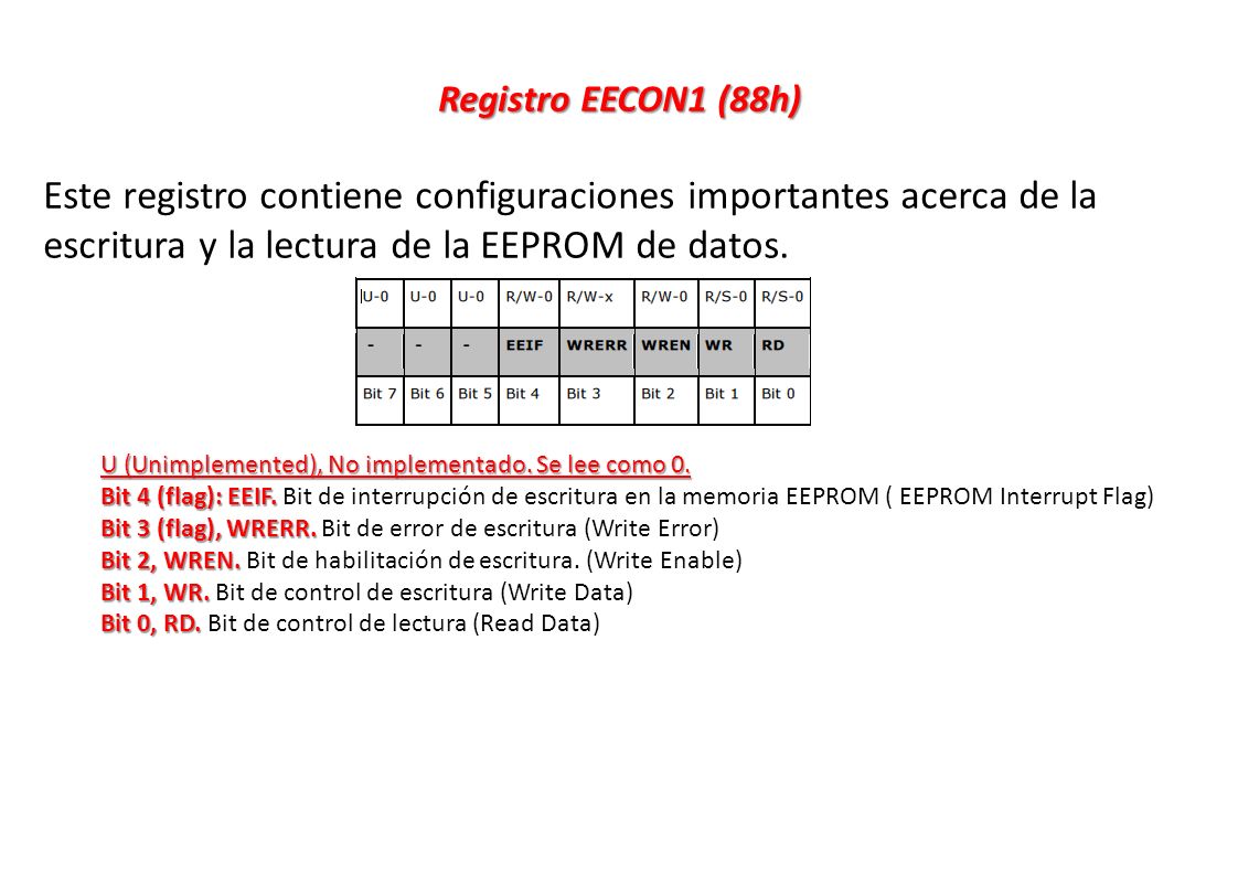 Registro EECON1 (88h) Este registro contiene configuraciones importantes acerca de la escritura y la lectura de la EEPROM de datos.
