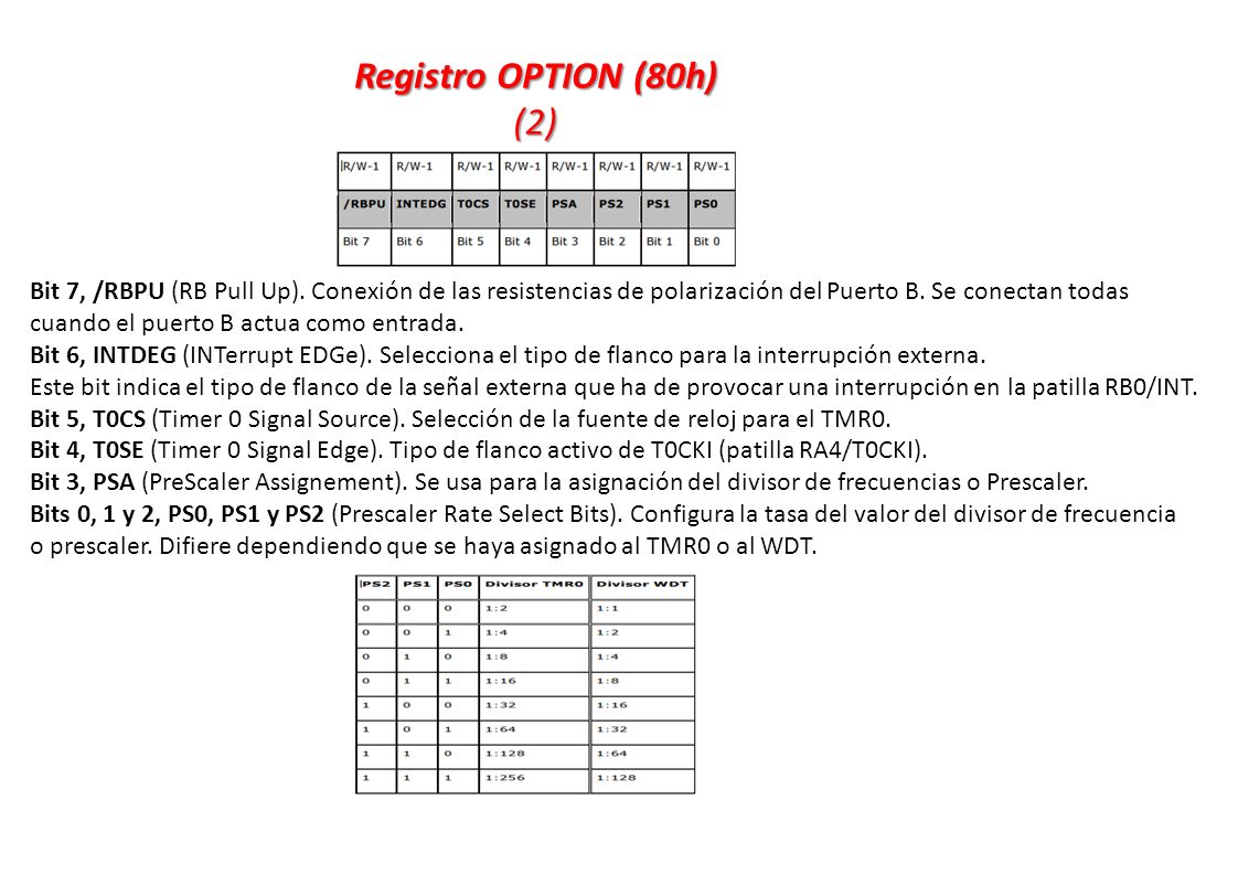 Registro OPTION (80h) (2) Bit 7, /RBPU (RB Pull Up). Conexión de las resistencias de polarización del Puerto B. Se conectan todas.