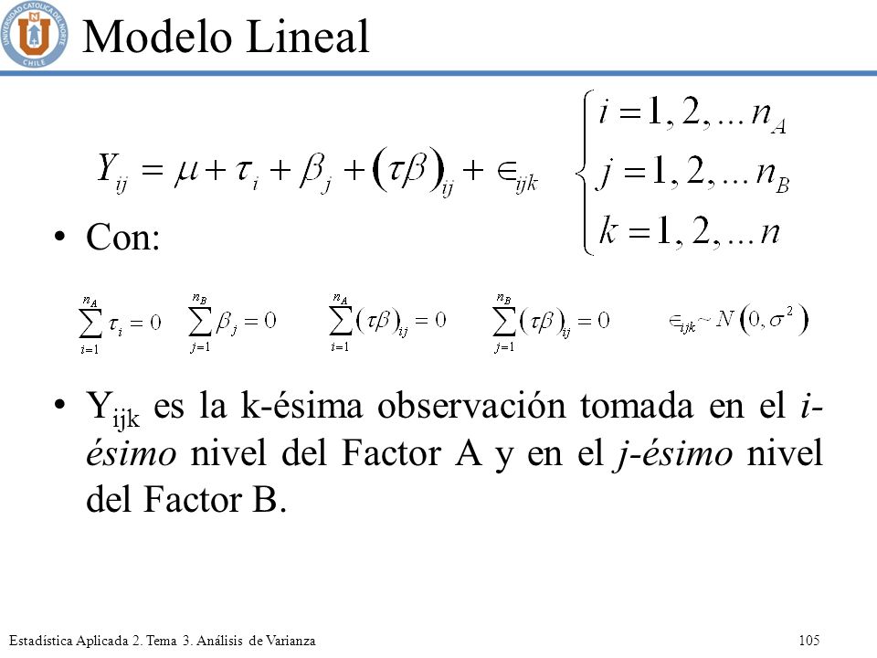 Modelo Lineal Con: Yijk es la k-ésima observación tomada en el i-ésimo nivel del Factor A y en el j-ésimo nivel del Factor B.