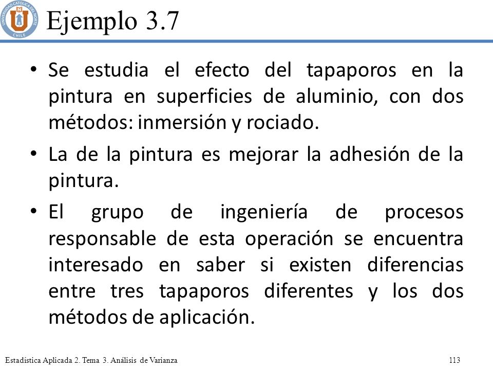 Ejemplo 3.7 Se estudia el efecto del tapaporos en la pintura en superficies de aluminio, con dos métodos: inmersión y rociado.