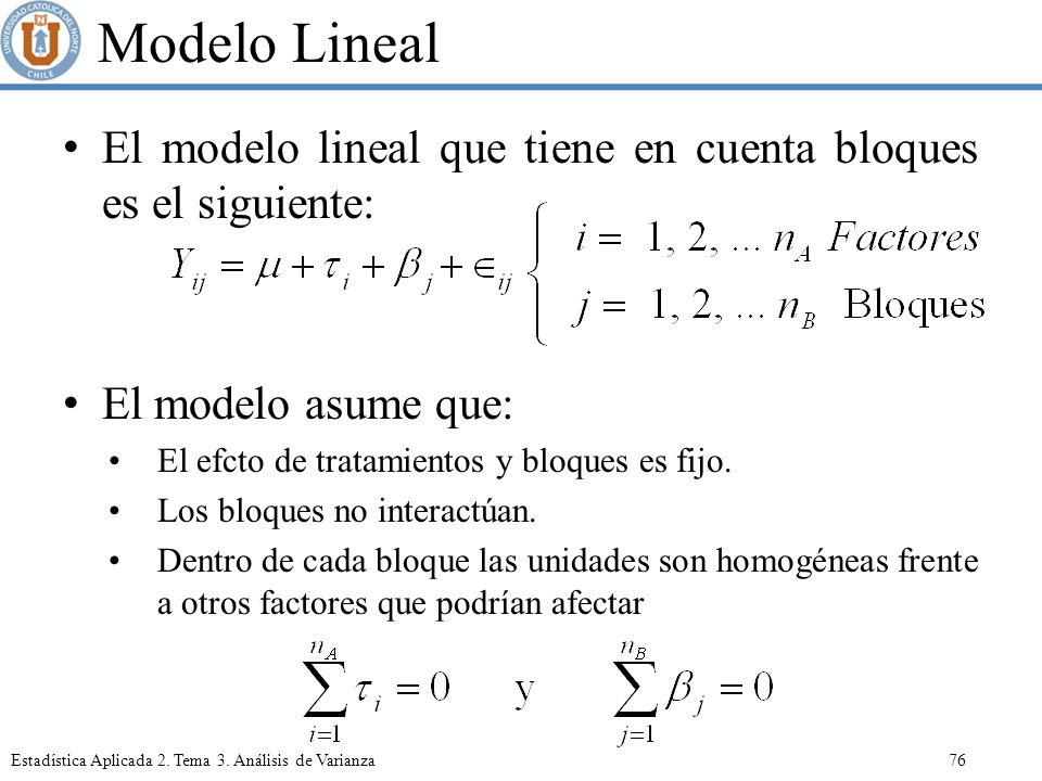 Modelo Lineal El modelo lineal que tiene en cuenta bloques es el siguiente: El modelo asume que: El efcto de tratamientos y bloques es fijo.