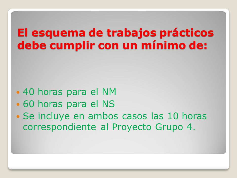El esquema de trabajos prácticos debe cumplir con un mínimo de: