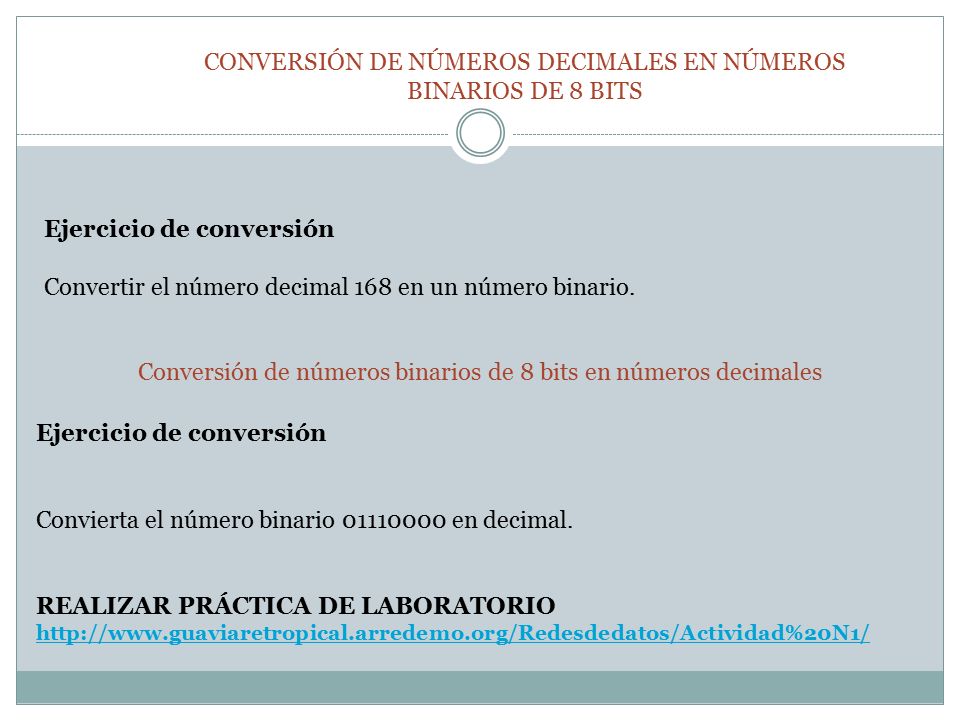 CONVERSIÓN DE NÚMEROS DECIMALES EN NÚMEROS BINARIOS DE 8 BITS