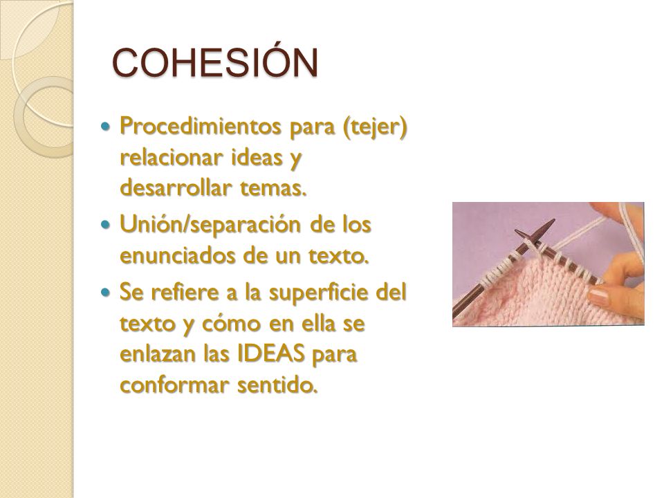 COHESIÓN Procedimientos para (tejer) relacionar ideas y desarrollar temas. Unión/separación de los enunciados de un texto.