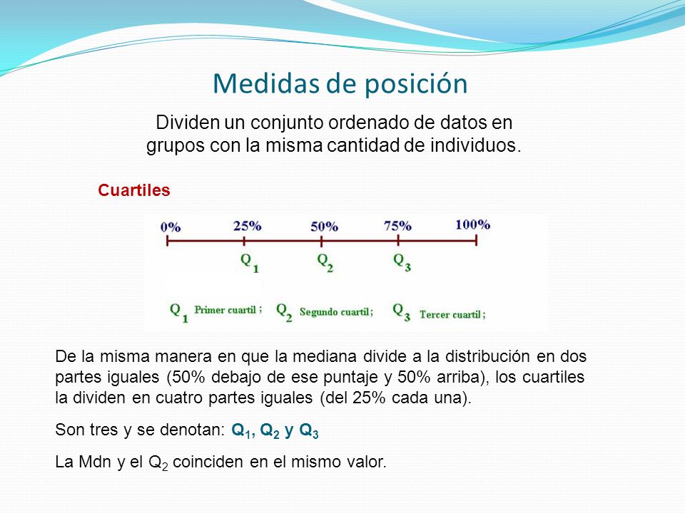 Medidas de posición Dividen un conjunto ordenado de datos en grupos con la misma cantidad de individuos.