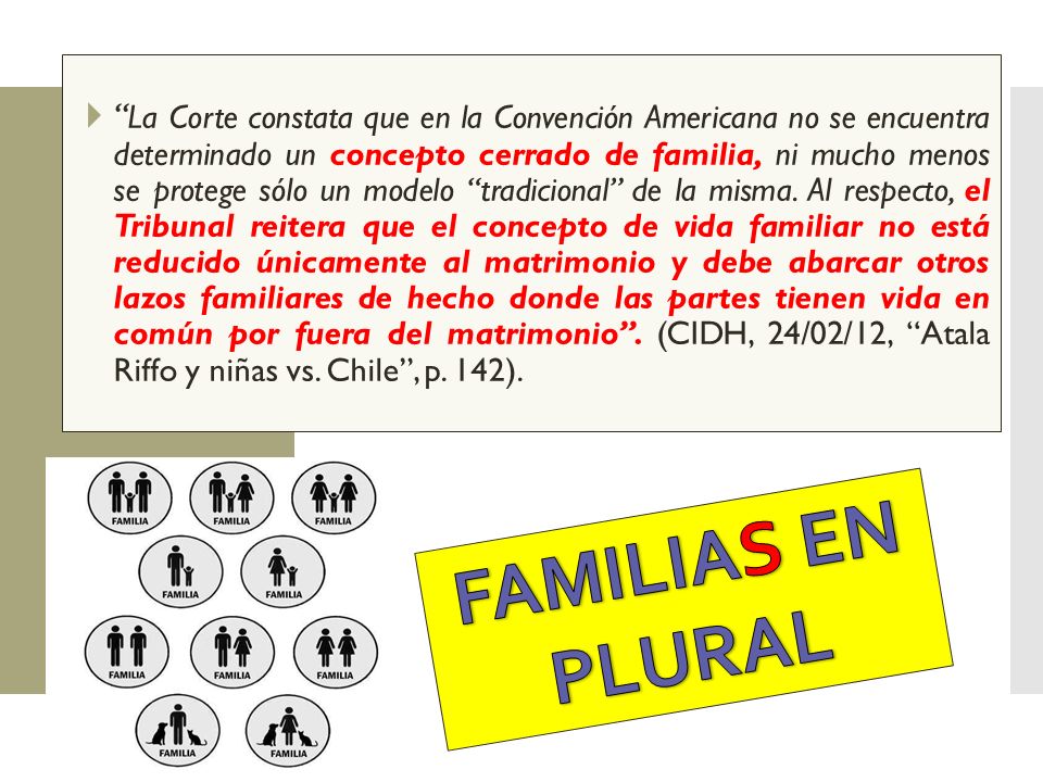 La Corte constata que en la Convención Americana no se encuentra determinado un concepto cerrado de familia, ni mucho menos se protege sólo un modelo tradicional de la misma. Al respecto, el Tribunal reitera que el concepto de vida familiar no está reducido únicamente al matrimonio y debe abarcar otros lazos familiares de hecho donde las partes tienen vida en común por fuera del matrimonio . (CIDH, 24/02/12, Atala Riffo y niñas vs. Chile , p. 142).