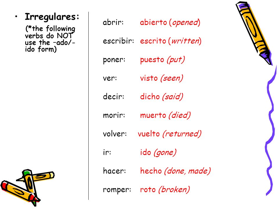 (*the following verbs do NOT use the –ado/-ido form)