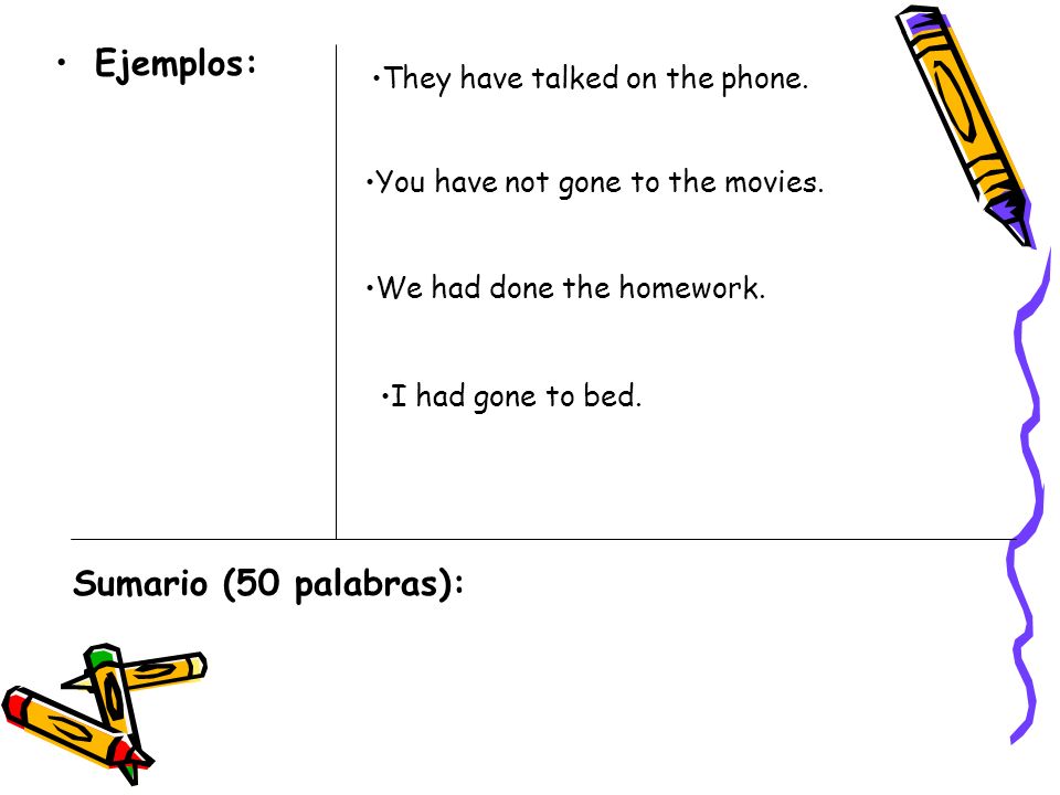 Ejemplos: Sumario (50 palabras): They have talked on the phone.