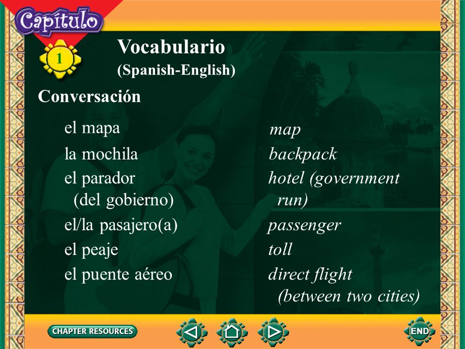 Vocabulario Conversación el mapa map la mochila backpack el parador