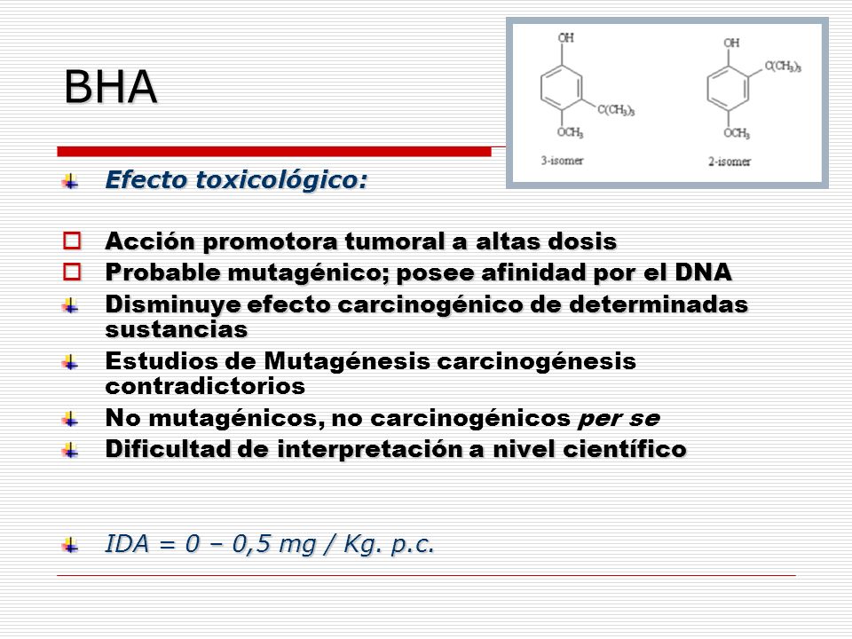 BHA Efecto toxicológico: Acción promotora tumoral a altas dosis