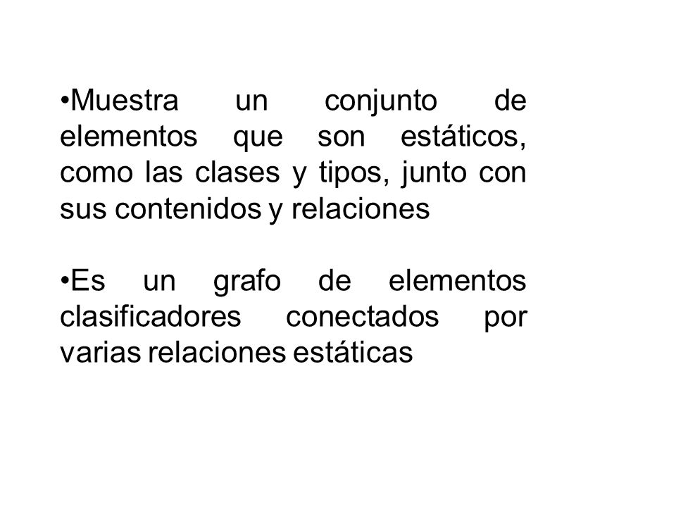Muestra un conjunto de elementos que son estáticos, como las clases y tipos, junto con sus contenidos y relaciones