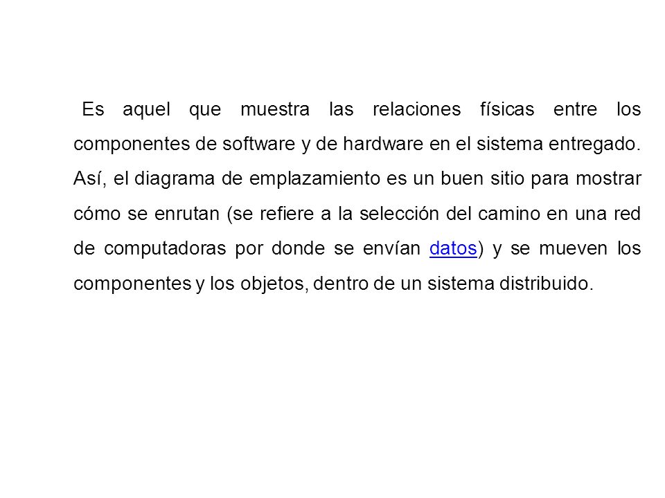Es aquel que muestra las relaciones físicas entre los componentes de software y de hardware en el sistema entregado.