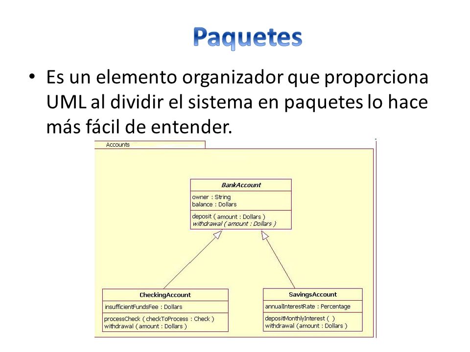 Paquetes Es un elemento organizador que proporciona UML al dividir el sistema en paquetes lo hace más fácil de entender.