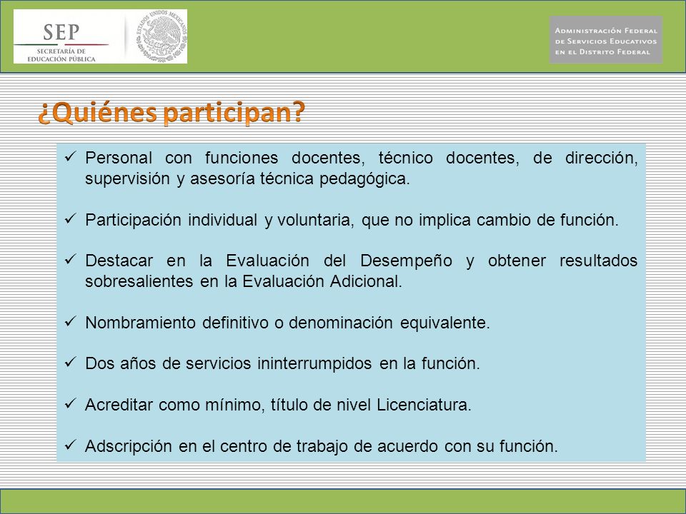 ¿Quiénes participan Personal con funciones docentes, técnico docentes, de dirección, supervisión y asesoría técnica pedagógica.